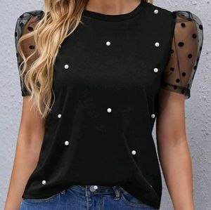 Polka Dot Mesh Puff Sleeve Pearl Beaded Top